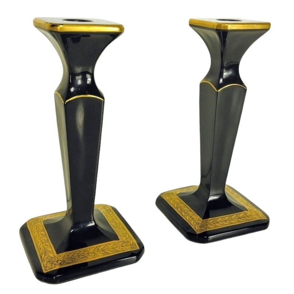 Vintage 20s 30s Black Glass Gilt Gold Trim Art Deco Square Taper Candle Holders